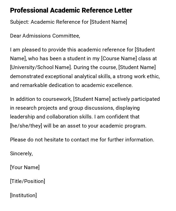 Professional Academic Reference Letter
