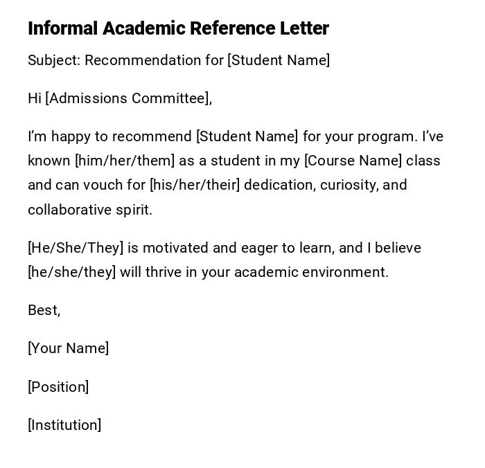 Informal Academic Reference Letter