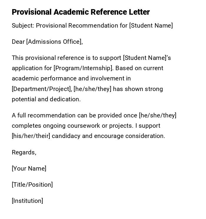 Provisional Academic Reference Letter