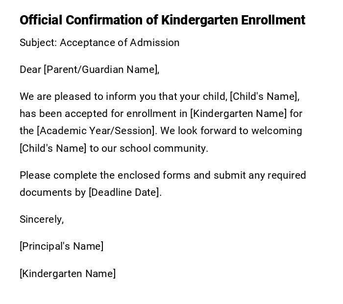 Official Confirmation of Kindergarten Enrollment