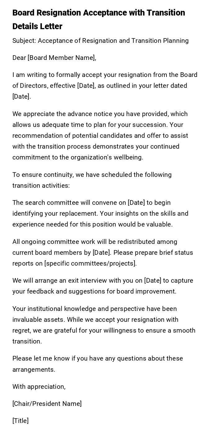 Board Resignation Acceptance with Transition Details Letter Board Resignation Acceptance with Transition Details Letter