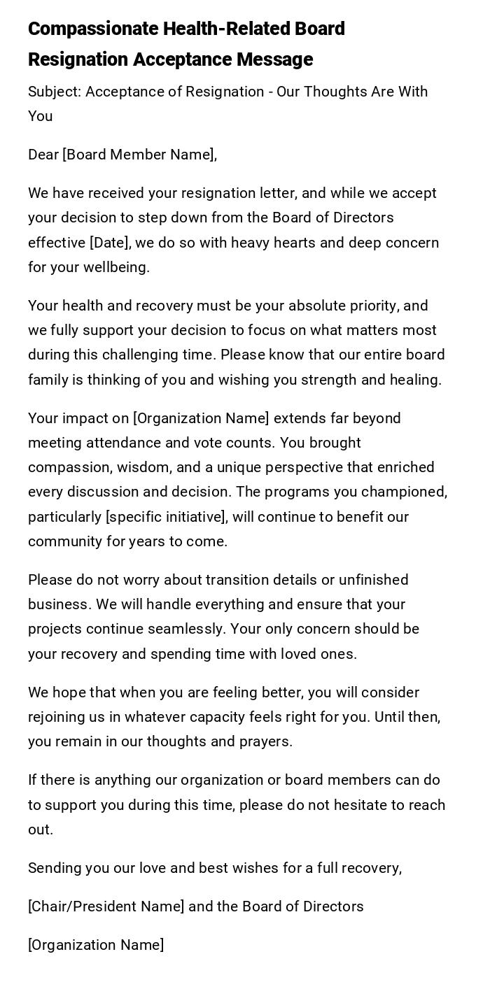 Compassionate Health-Related Board Resignation Acceptance Message Compassionate Health-Related Board Resignation Acceptance Message