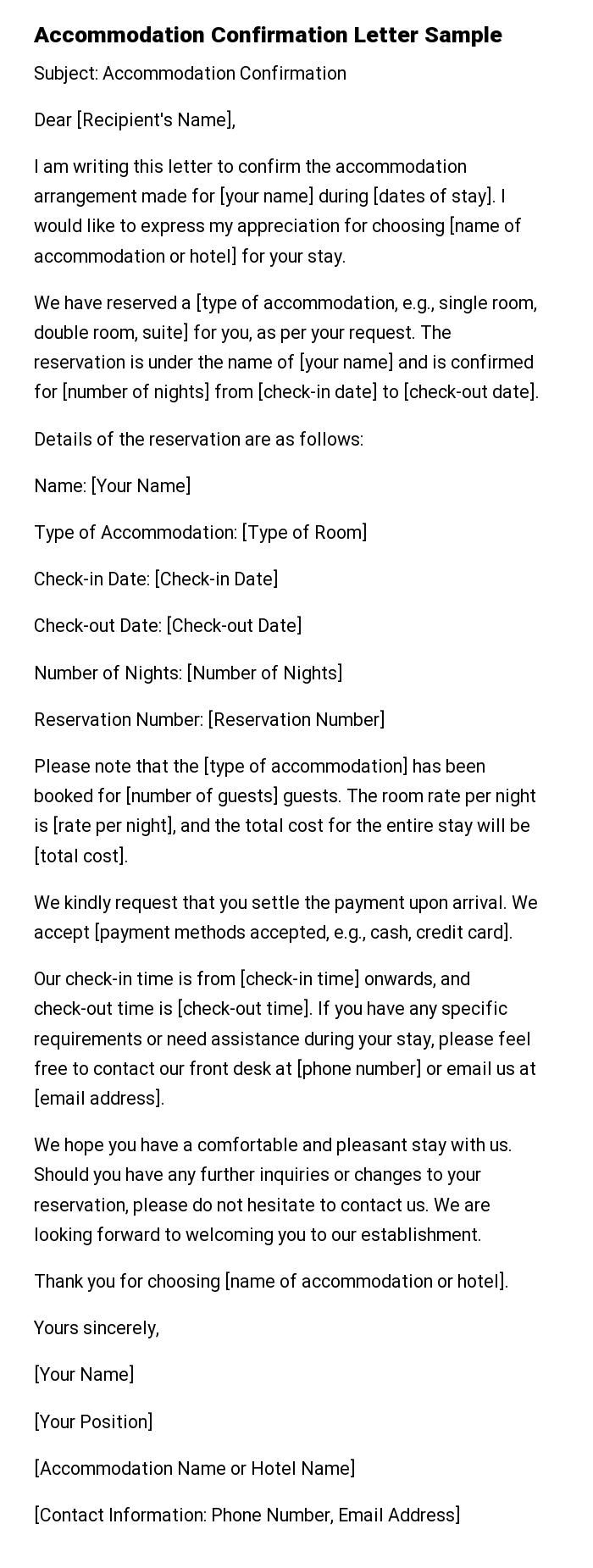 Accommodation Confirmation Letter Sample