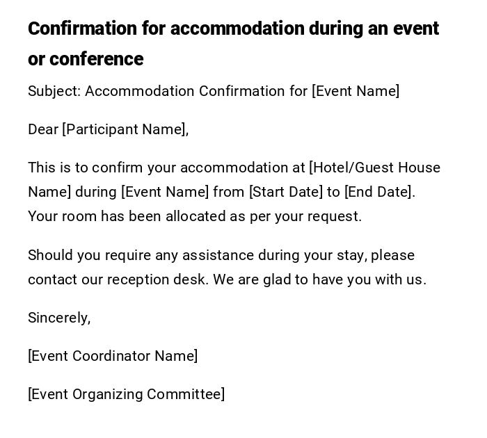 Confirmation for accommodation during an event or conference Confirmation for accommodation during an event or conference