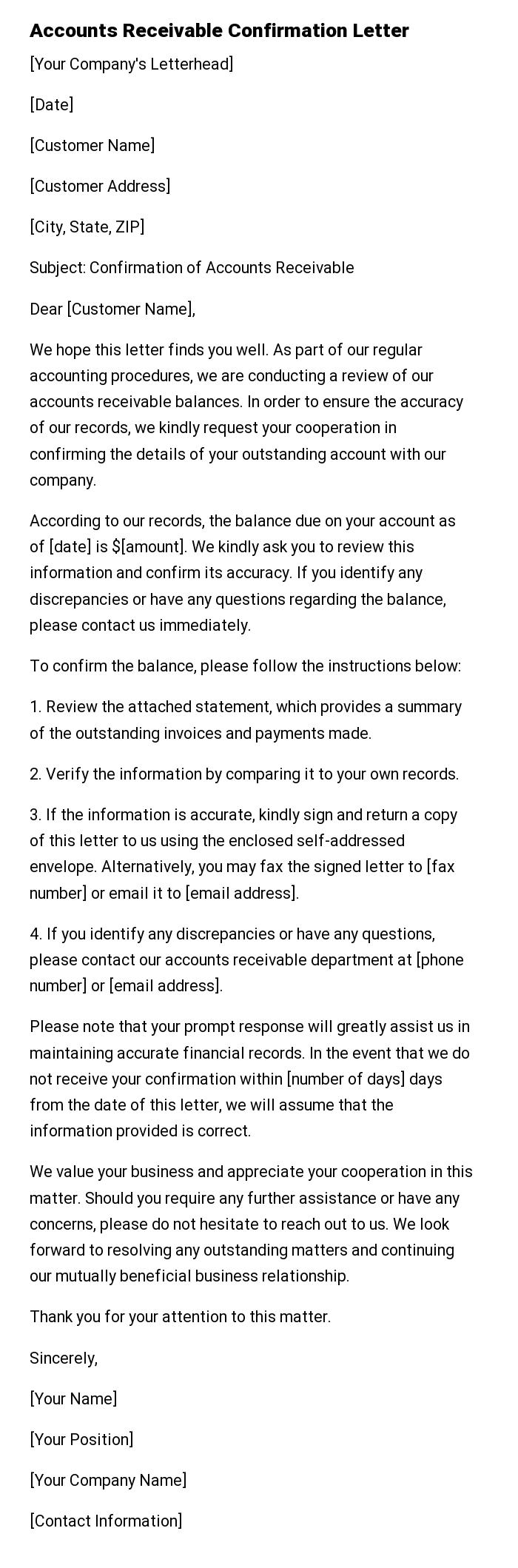 Accounts Receivable Confirmation Letter