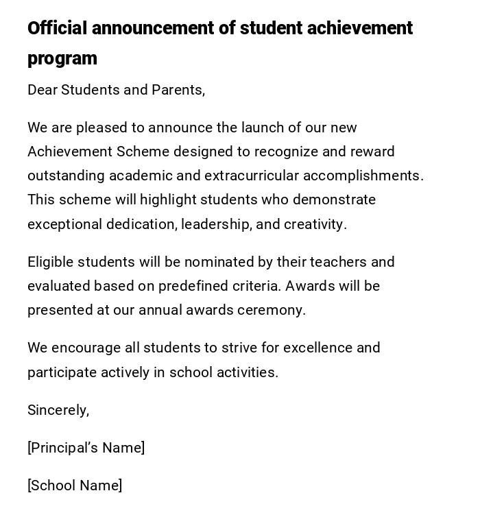 Official announcement of student achievement program