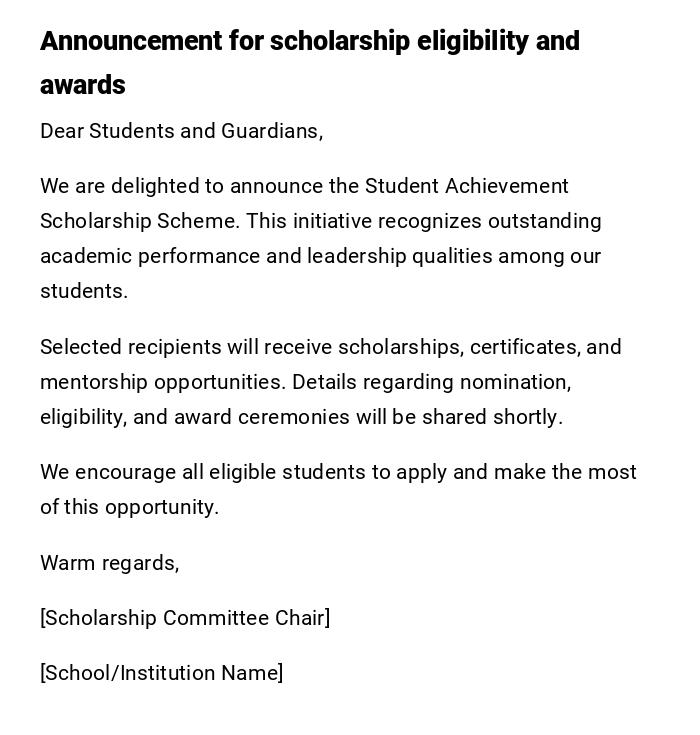 Announcement for scholarship eligibility and awards