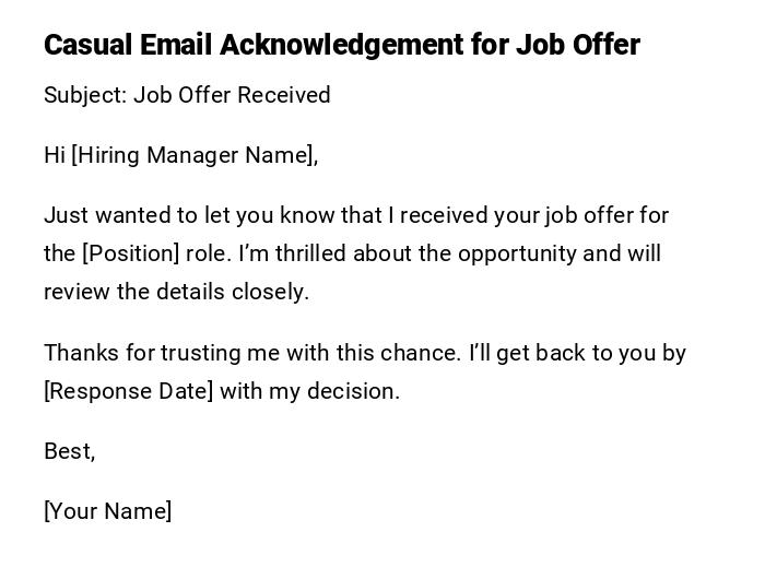 Casual Email Acknowledgement for Job Offer