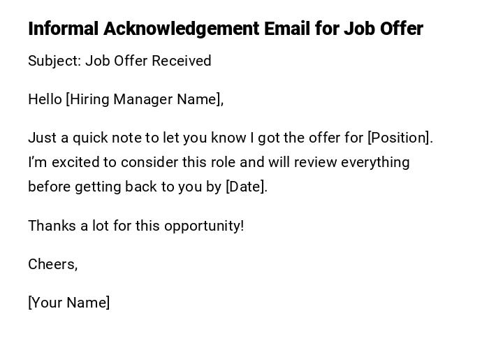 Informal Acknowledgement Email for Job Offer