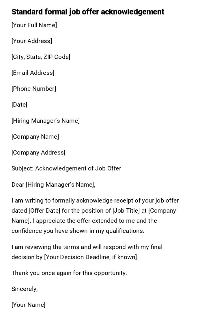 Standard formal job offer acknowledgement