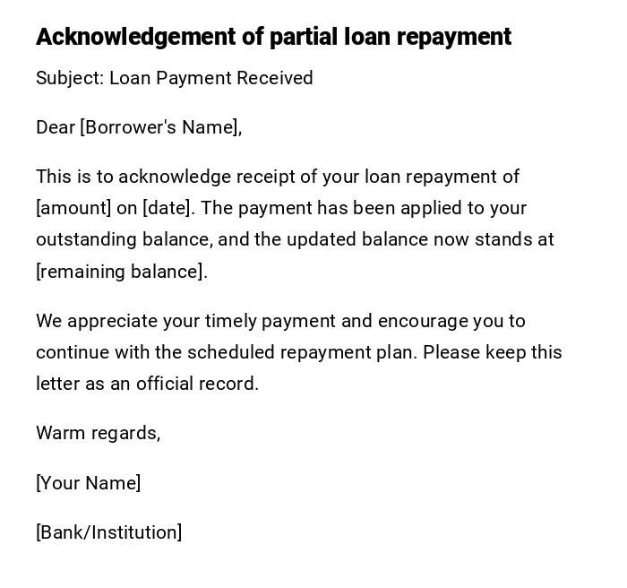 Acknowledgement of partial loan repayment Acknowledgement of partial loan repayment