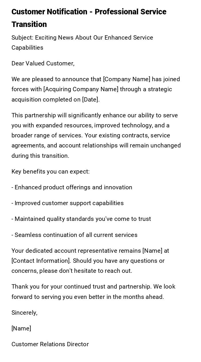 Customer Notification - Professional Service Transition Customer Notification - Professional Service Transition