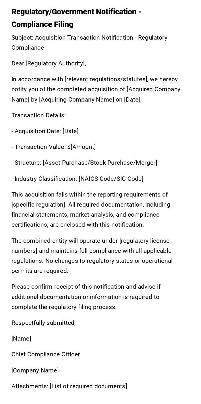 Regulatory/Government Notification - Compliance Filing Regulatory/Government Notification - Compliance Filing