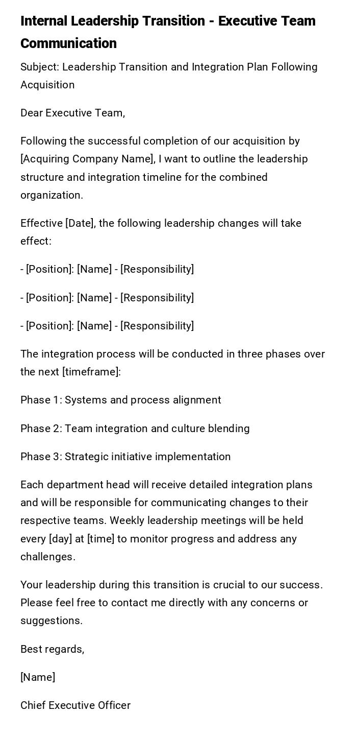 Internal Leadership Transition - Executive Team Communication Internal Leadership Transition - Executive Team Communication
