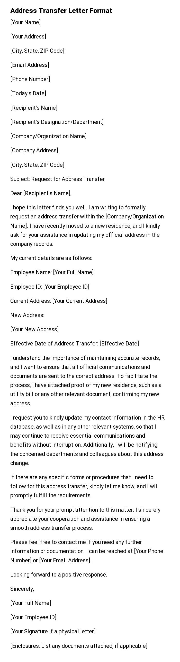 Address Transfer Letter Format