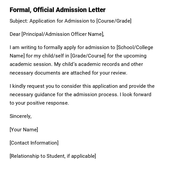 Formal, Official Admission Letter Formal, Official Admission Letter