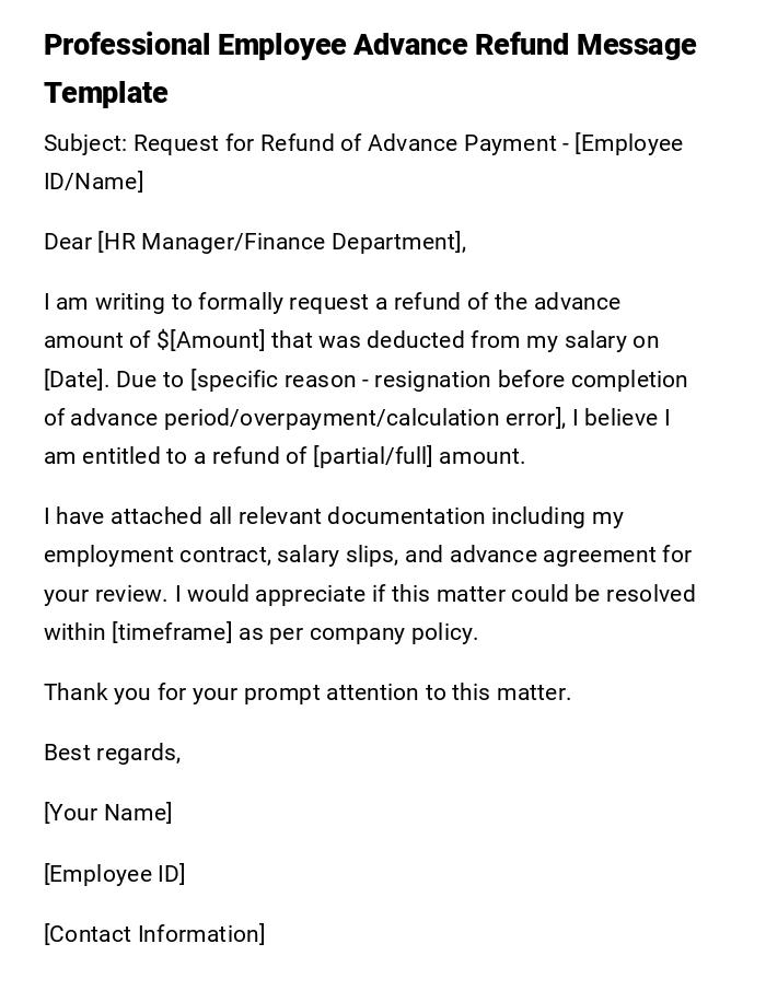 Professional Employee Advance Refund Message Template