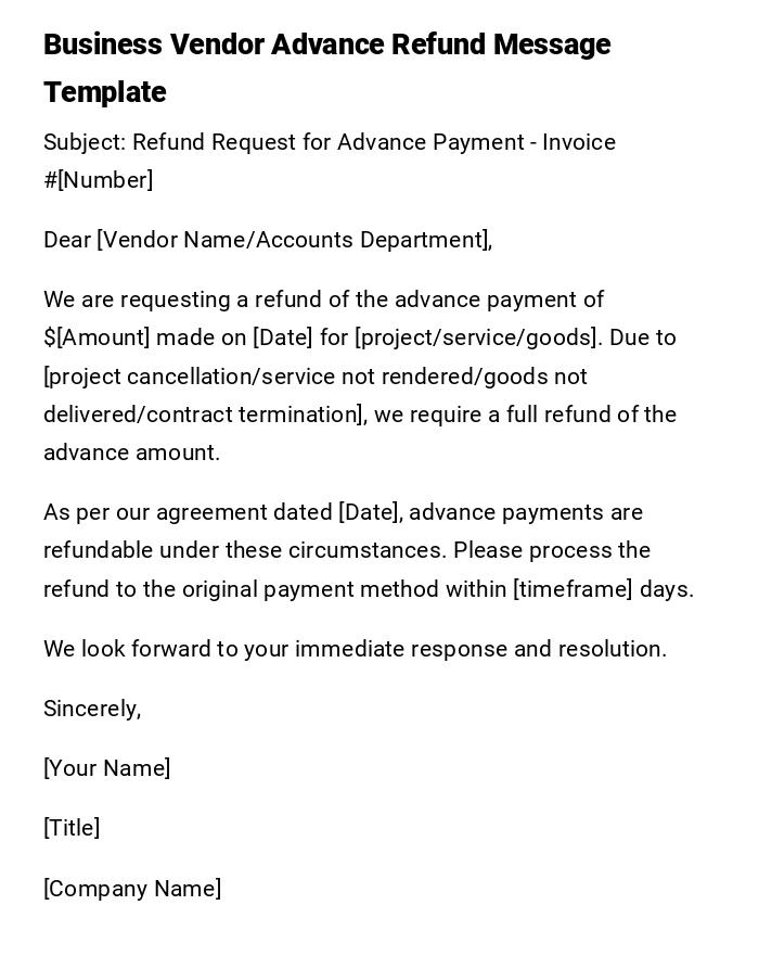 Business Vendor Advance Refund Message Template