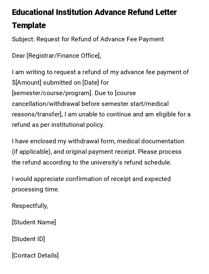 Educational Institution Advance Refund Letter Template