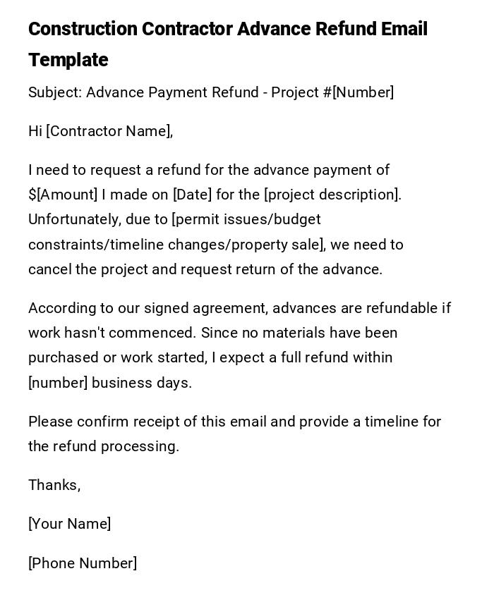 Construction Contractor Advance Refund Email Template