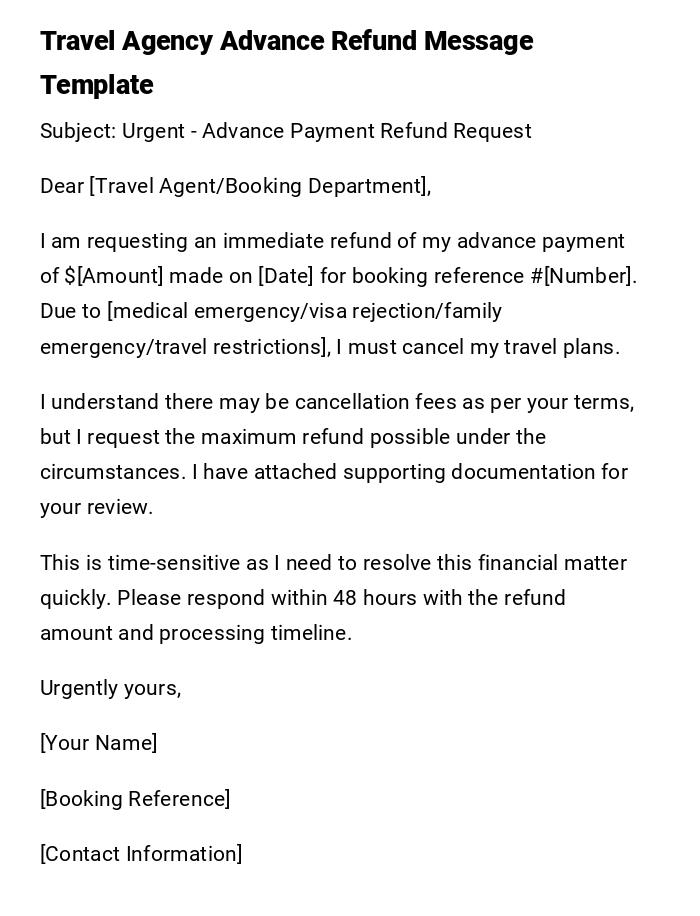 Travel Agency Advance Refund Message Template