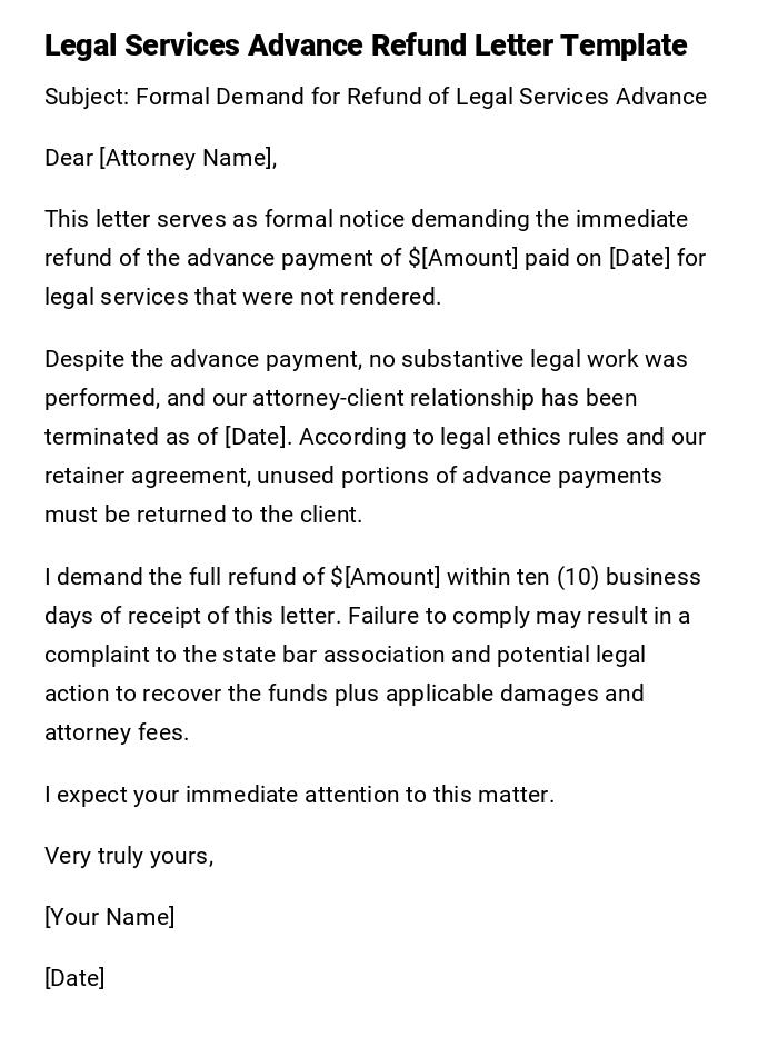 Legal Services Advance Refund Letter Template