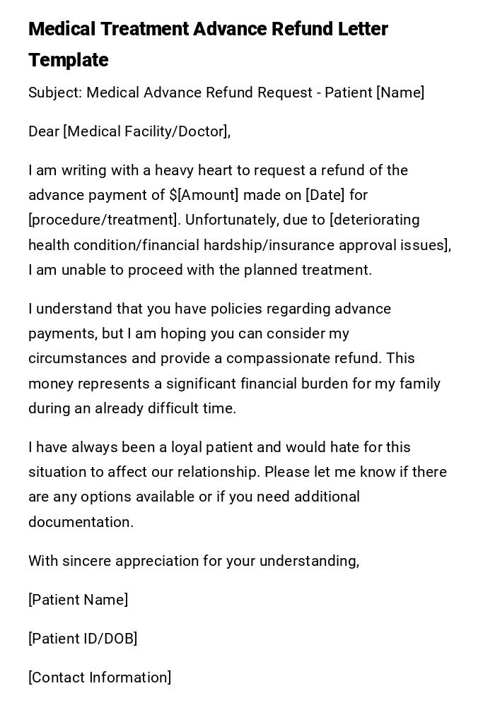 Medical Treatment Advance Refund Letter Template