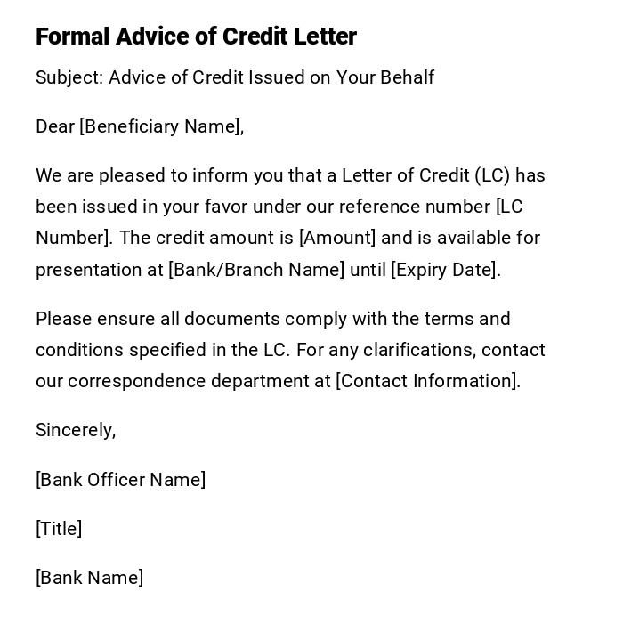 Formal Advice of Credit Letter Formal Advice of Credit Letter