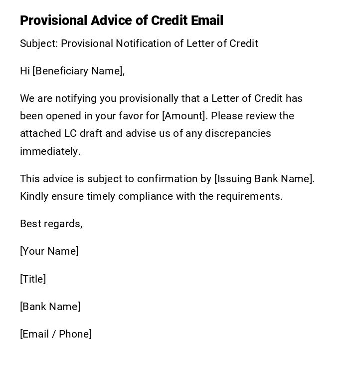 Provisional Advice of Credit Email Provisional Advice of Credit Email