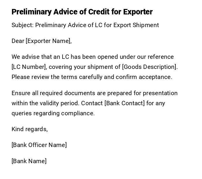 Preliminary Advice of Credit for Exporter Preliminary Advice of Credit for Exporter