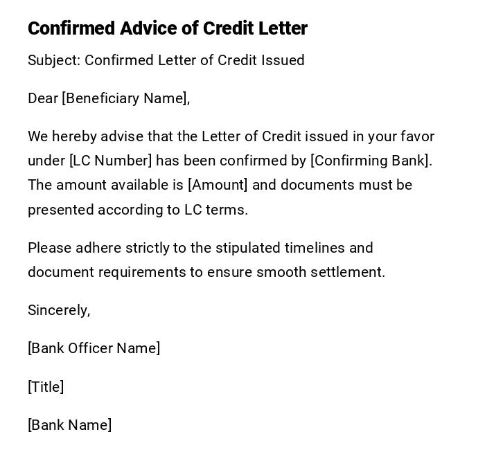 Confirmed Advice of Credit Letter Confirmed Advice of Credit Letter