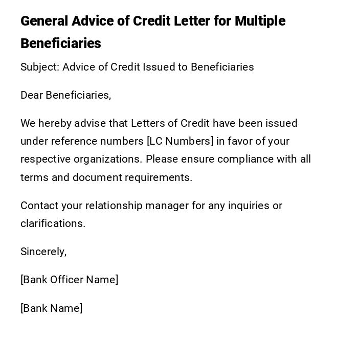 General Advice of Credit Letter for Multiple Beneficiaries General Advice of Credit Letter for Multiple Beneficiaries