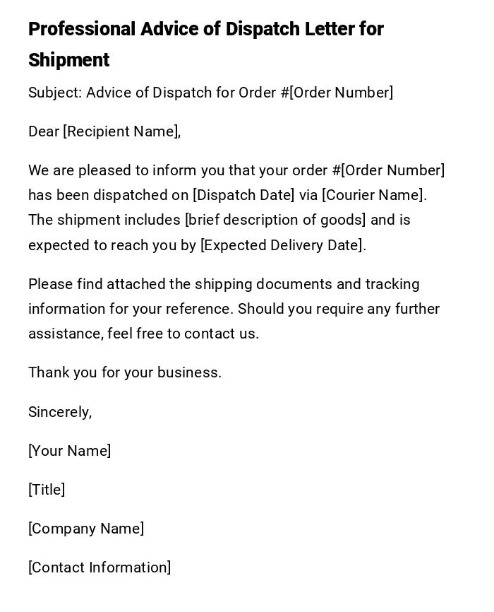Professional Advice of Dispatch Letter for Shipment