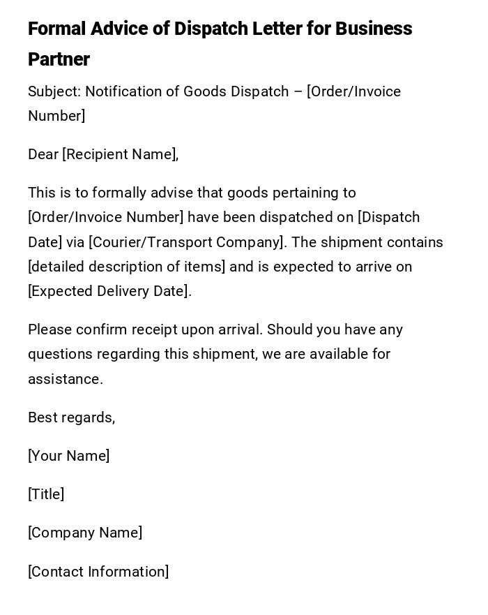 Formal Advice of Dispatch Letter for Business Partner