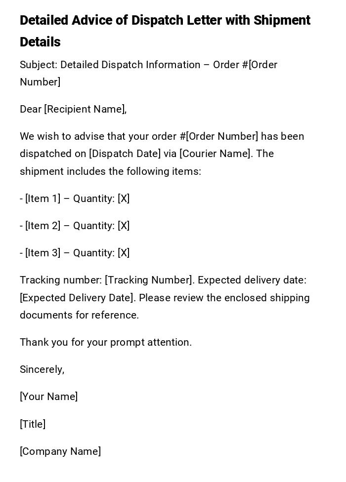 Detailed Advice of Dispatch Letter with Shipment Details