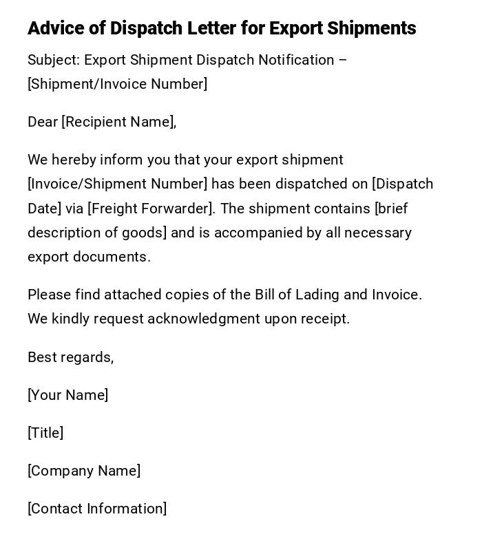 Advice of Dispatch Letter for Export Shipments