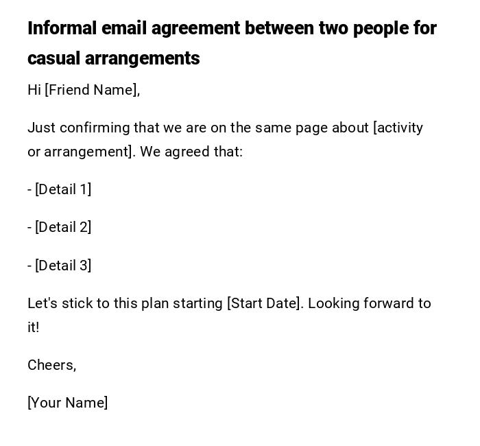 Informal email agreement between two people for casual arrangements Informal email agreement between two people for casual arrangements