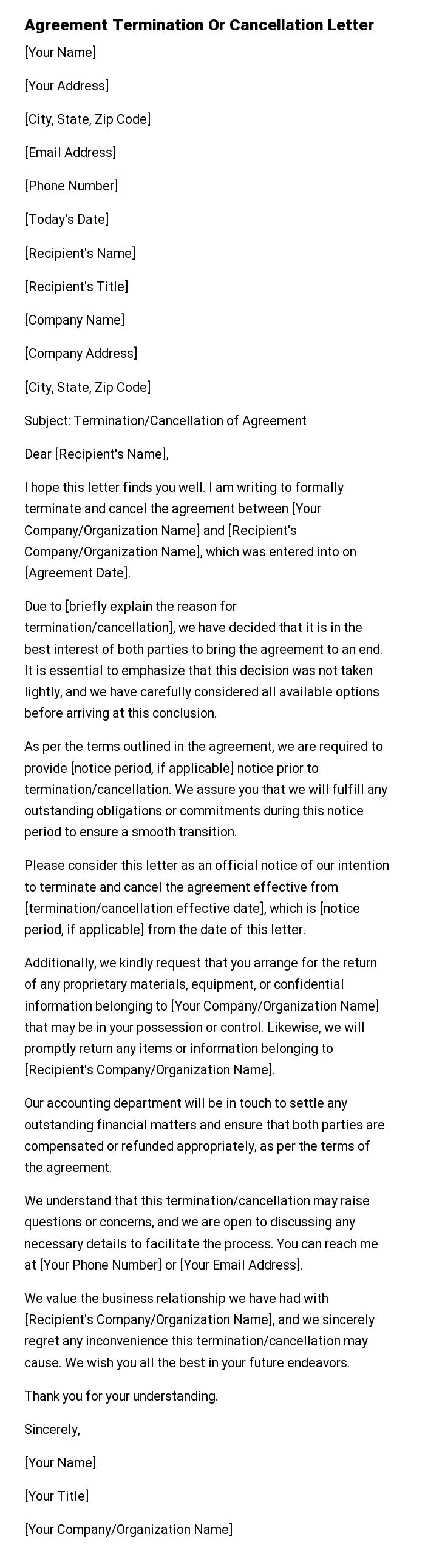 Agreement Termination Or Cancellation Letter