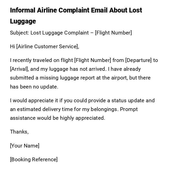 Informal Airline Complaint Email About Lost Luggage