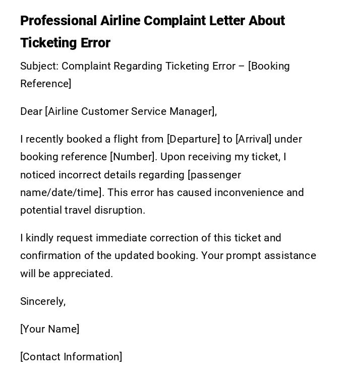 Professional Airline Complaint Letter About Ticketing Error
