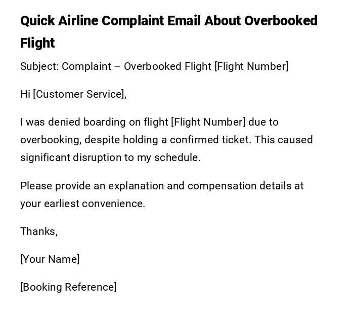 Quick Airline Complaint Email About Overbooked Flight