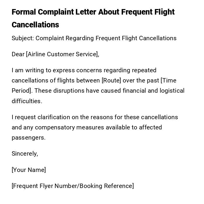 Formal Complaint Letter About Frequent Flight Cancellations