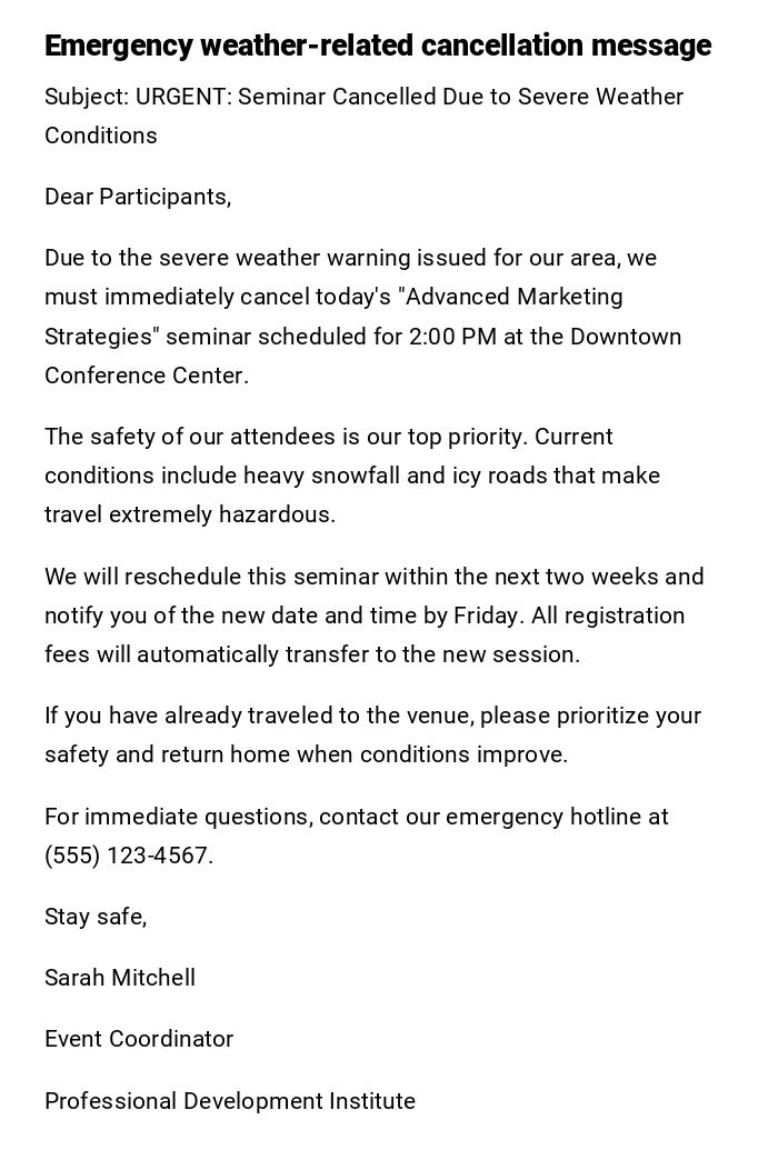 Emergency weather-related cancellation message Emergency weather-related cancellation message