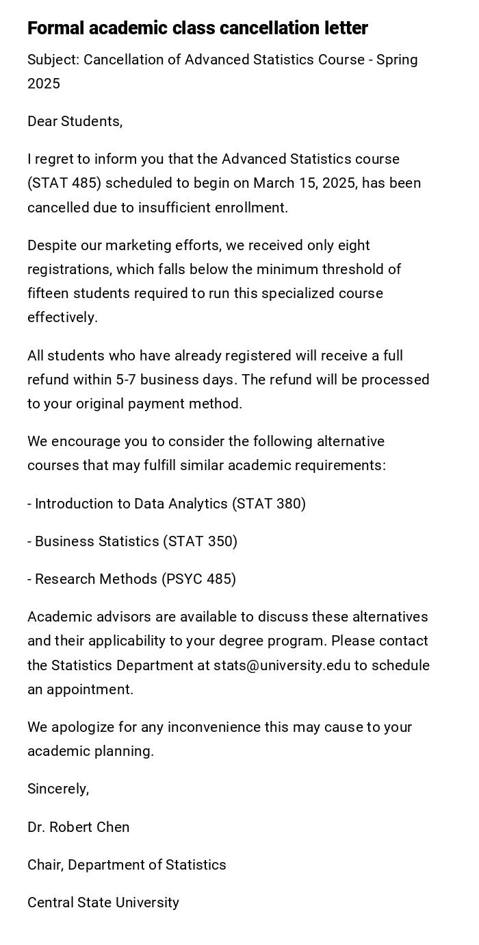 Formal academic class cancellation letter Formal academic class cancellation letter