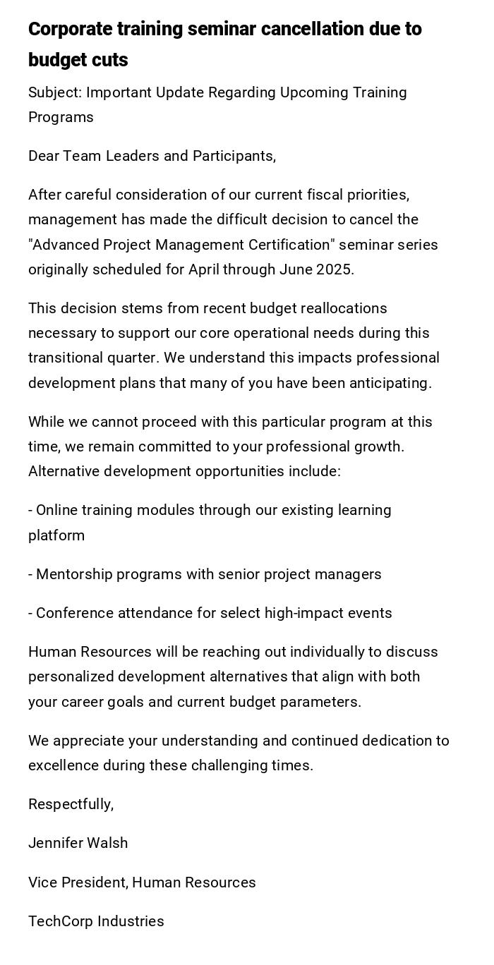 Corporate training seminar cancellation due to budget cuts Corporate training seminar cancellation due to budget cuts