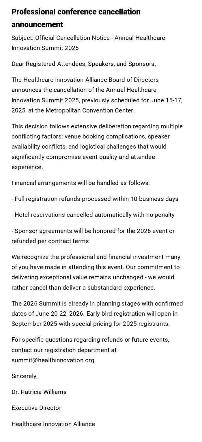 Professional conference cancellation announcement Professional conference cancellation announcement