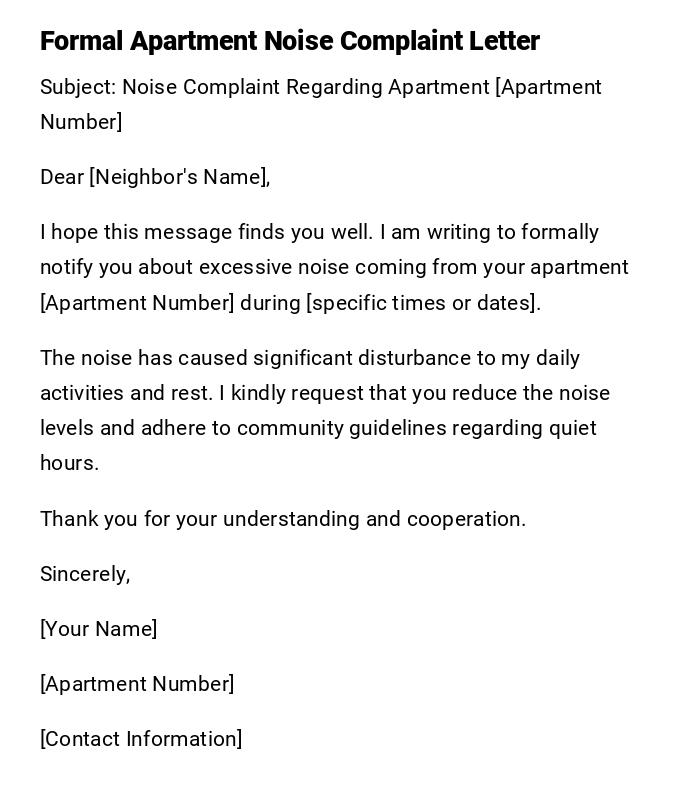 Formal Apartment Noise Complaint Letter Formal Apartment Noise Complaint Letter