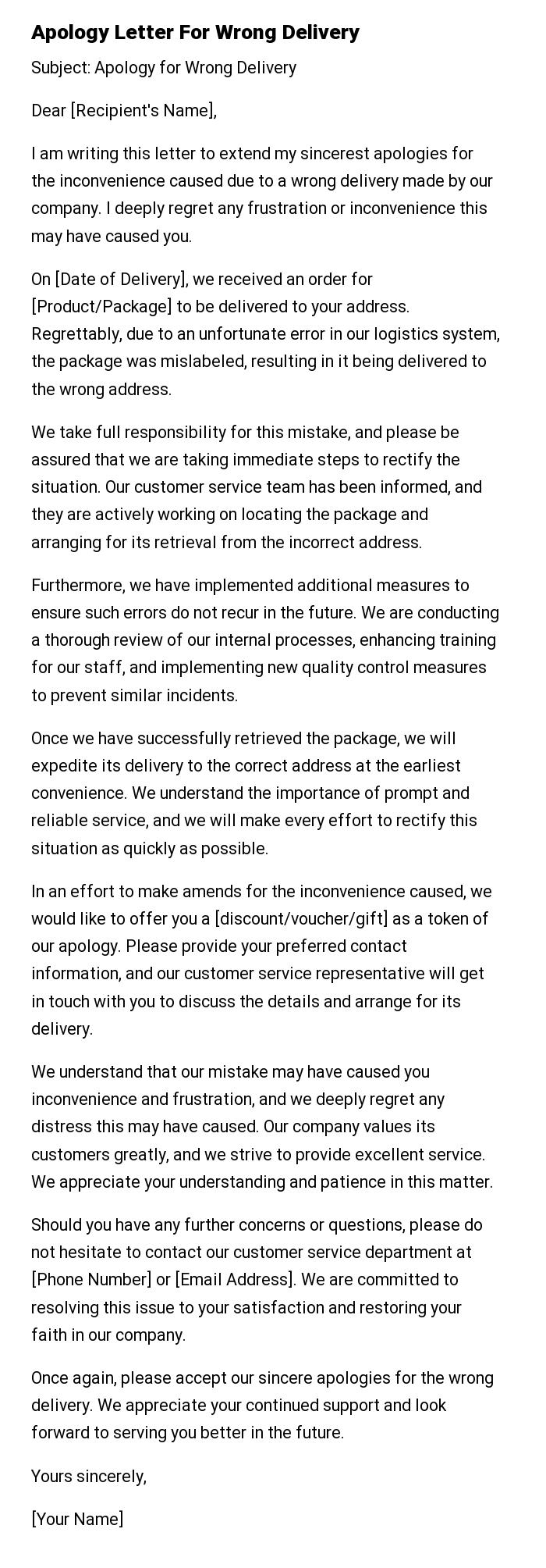 Aology Letter For Wrong Delivery