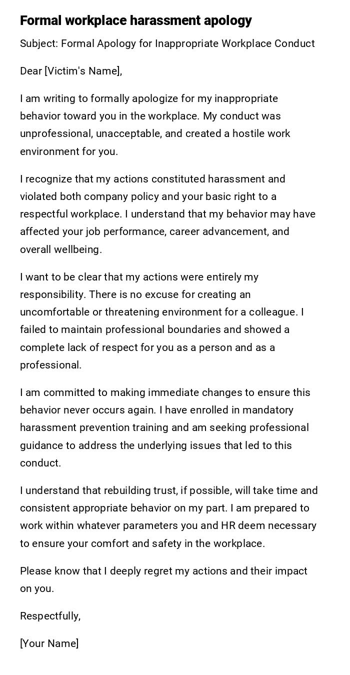 Formal workplace harassment apology Formal workplace harassment apology