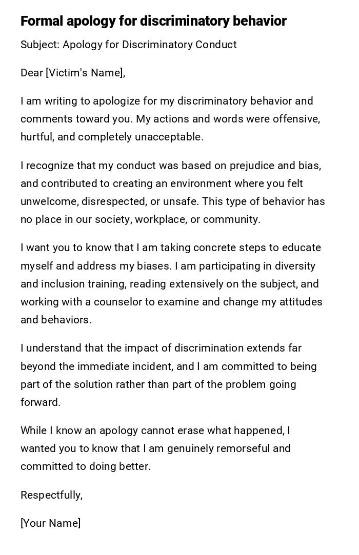 Formal apology for discriminatory behavior Formal apology for discriminatory behavior